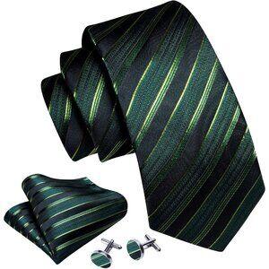 Men's Ties Set Classic WOVEN Necktie with Handkerchief Cufflinks Formal Green